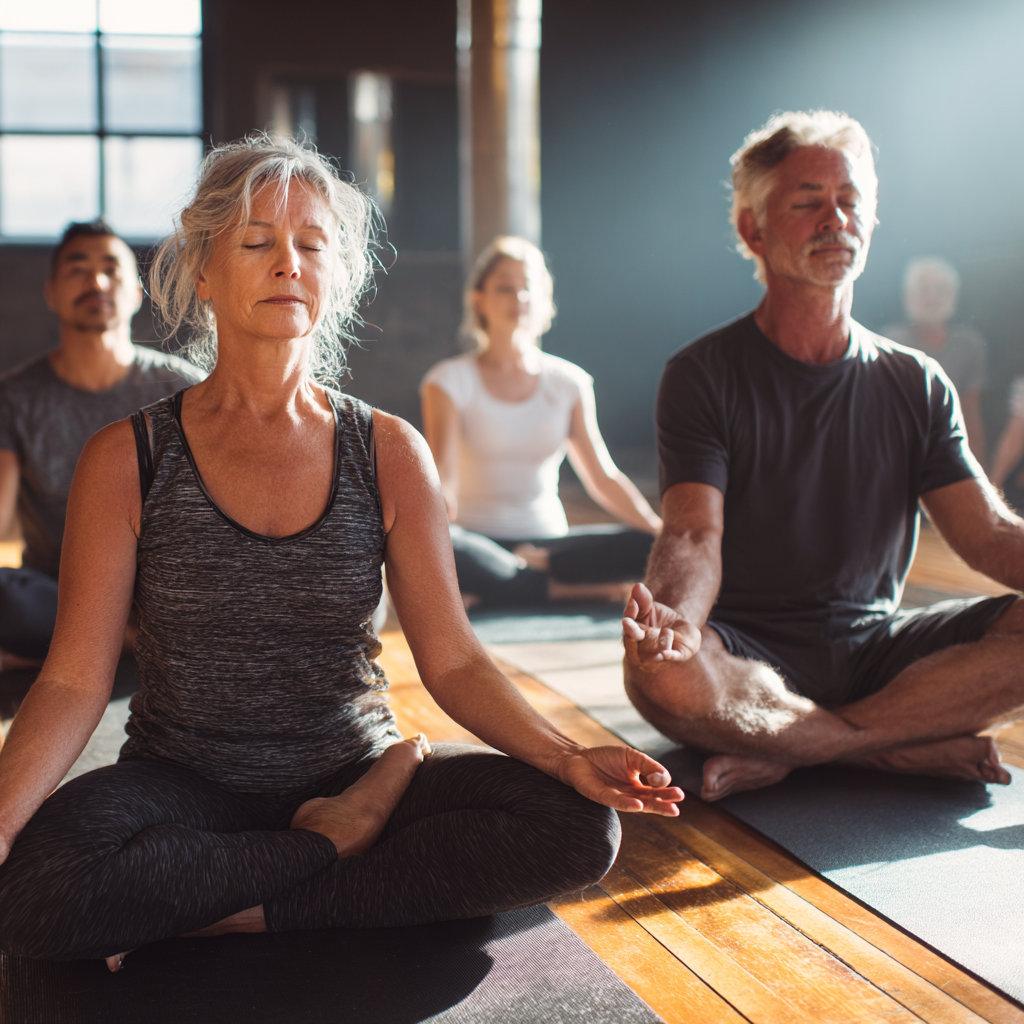 Peaceful middle-aged adults practicing gentle yoga poses in natural lighting
