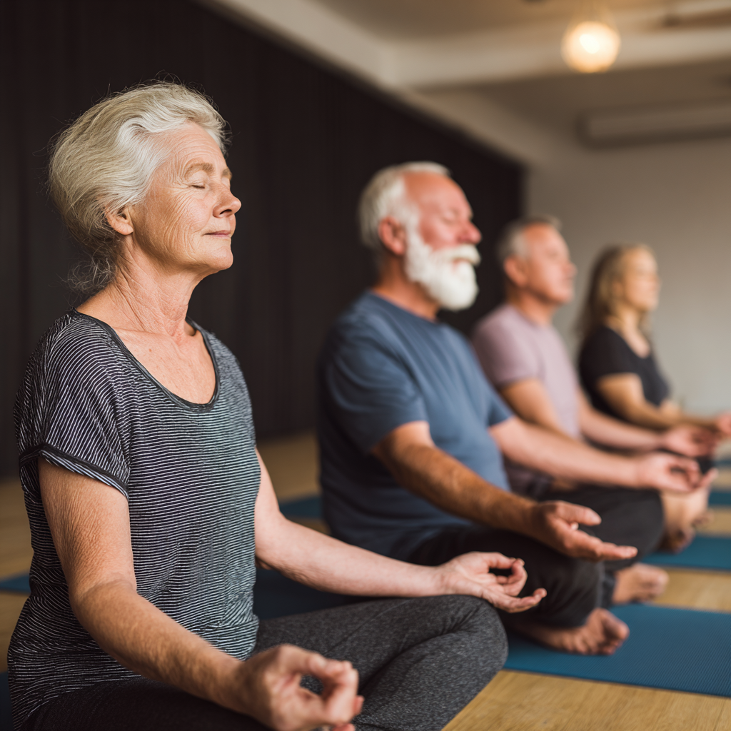 Serene older adults in meditation poses during gentle yoga practice